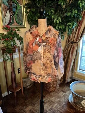 Women’s Abstract Print Tie-Neck Blouse in Peach and Taupe
